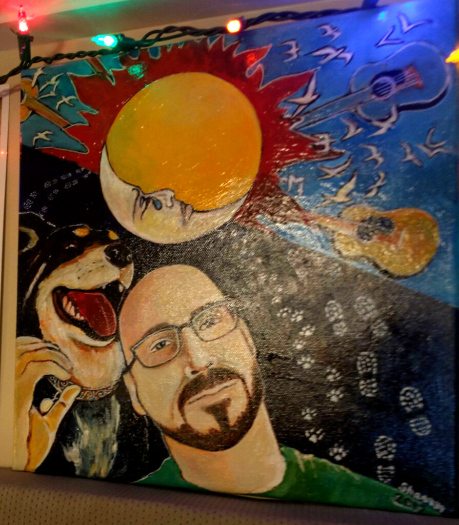 Painting of producer Doug and his cute dog. Painting also features a sun, a crying moon, and guitars.